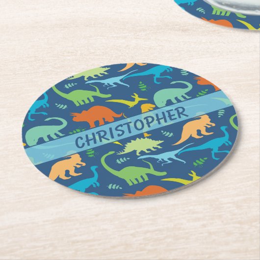 恐竜カラフルパーソナライズされた類 ラウンドペーパーコースター (アングル)