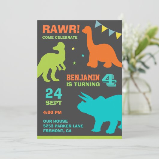 恐竜カラフル子供の誕生日パーティの招待状 招待状 (スタンド正面)