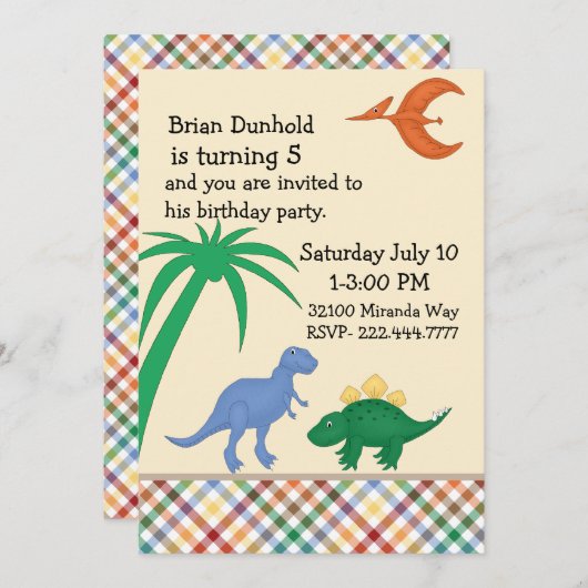 恐竜カラフル誕生日パーティーの招待状 招待状 (正面/裏面)