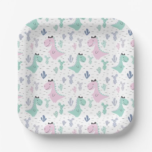 恐竜ガーリーのA轟音の誕生日パーティー任意の年齢 ペーパープレート (正面)