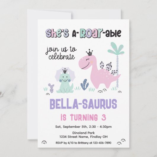恐竜ガーリーのA轟音の誕生日パーティー任意の年齢 招待状 (正面)