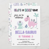 恐竜ガーリーのA轟音の誕生日パーティー任意の年齢 招待状 (正面/裏面)
