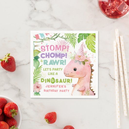 恐竜ガールズピンク誕生日パーティーペーパーナプキン スタンダードカクテルナプキン (インサイチュ)