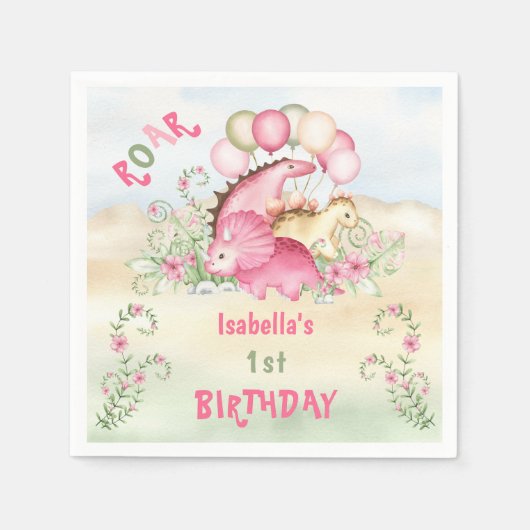 恐竜ガールピンクパステルかわいいフローラ1st誕生日 スタンダードカクテルナプキン (正面)