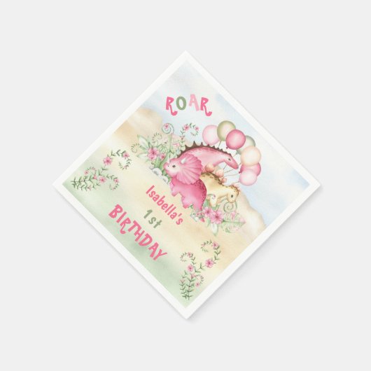 恐竜ガールピンクパステルかわいいフローラ1st誕生日 スタンダードカクテルナプキン (角)