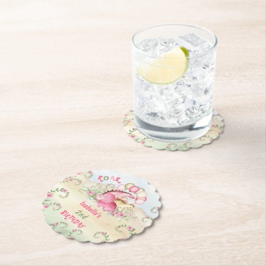 恐竜ガールピンクパステルかわいいフローラ2nd誕生日 ペーパーコースター (インサイチュ)
