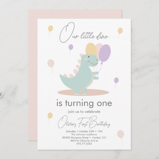 恐竜ガールピンクブルーリラバースデーパーティー 招待状 (正面/裏面)