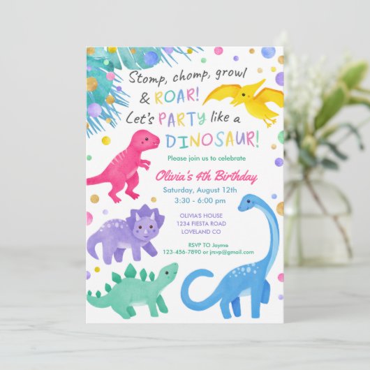 恐竜ガール誕生日招待状カラフルかわいい 招待状 (スタンド正面)