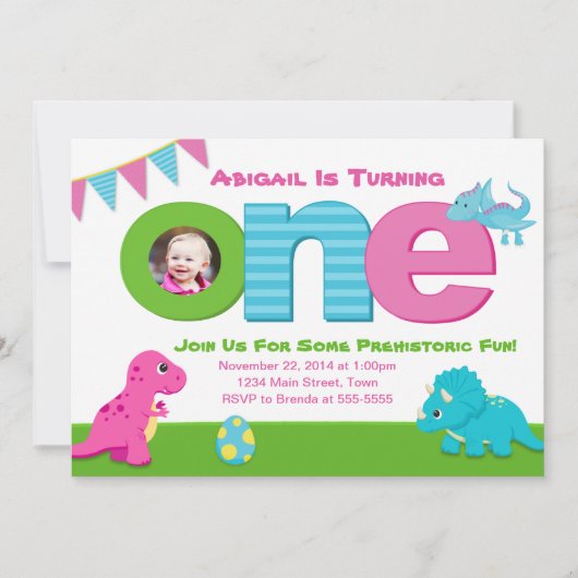 恐竜ガール誕生日招待状1st誕生日 招待状 (正面)