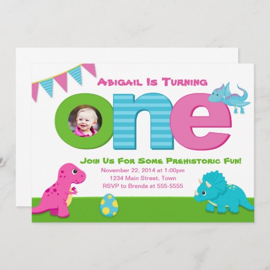 恐竜ガール誕生日招待状1st誕生日 招待状 (正面/裏面)