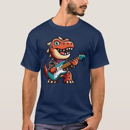 恐竜ギターギタリストバンド音楽面白い Tシャツ (正面)