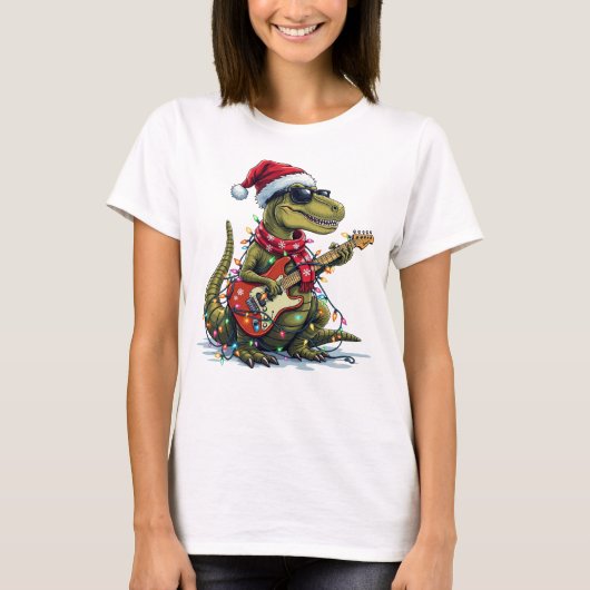 恐竜ギタープレーヤークリスマス Tシャツ (正面)