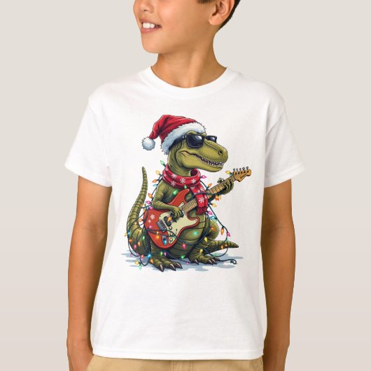 恐竜ギタープレーヤークリスマス Tシャツ (正面)
