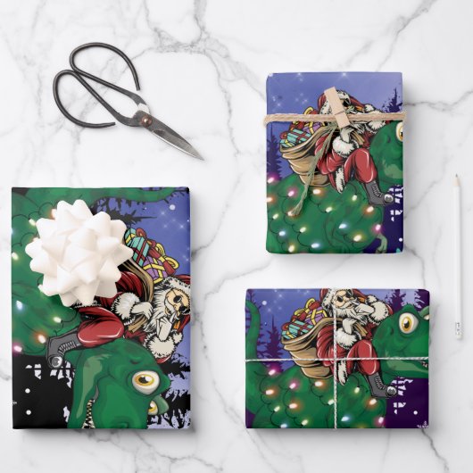 恐竜クリスマスサンタクロース ラッピングペーパーシート (正面)