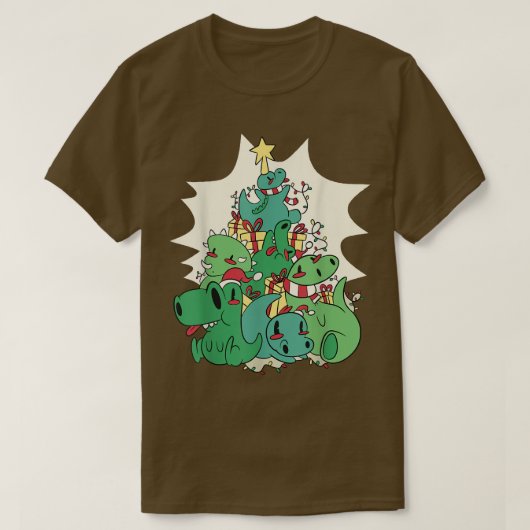 恐竜クリスマスツリーTおもしろいクリスマス Tシャツ (デザイン正面)