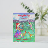 恐竜クリスマスTレックスサンタパーソナライズされたバジェット シーズンポストカード (スタンド正面)