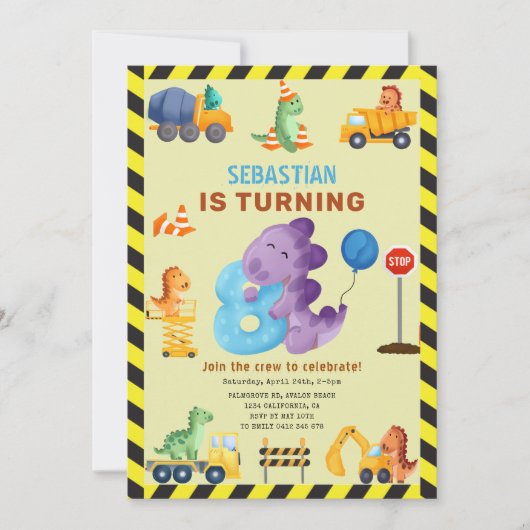恐竜クルー8歳の誕生日建設ダイナソー 招待状 (正面)
