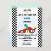 恐竜クール赤レースカーボーイ子供の誕生日パーティー インビテーションポストカード (正面/裏面)