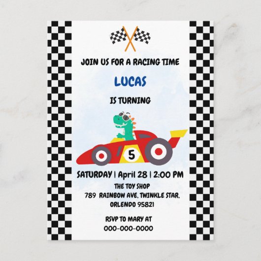 恐竜クール赤レースカーボーイ子供の誕生日パーティー インビテーションポストカード (正面)