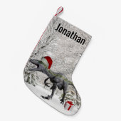 恐竜サンタラプターヴェロキラプター名 スモールクリスマスストッキング (正面 (吊り時))