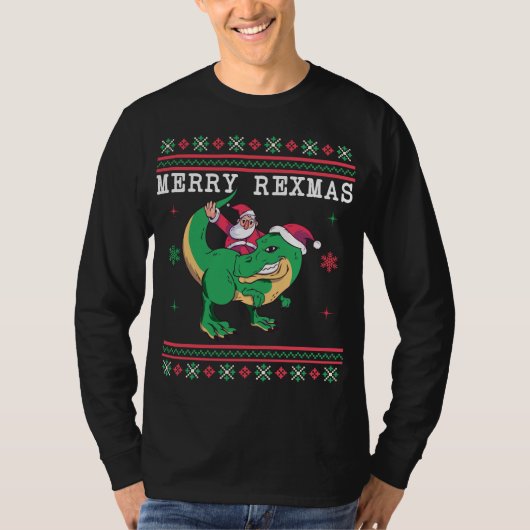 恐竜サンタTレックス醜いクリスマスセーター Tシャツ (正面)