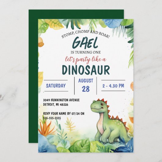 恐竜ジャングル子供の誕生日パーティー 招待状 (正面/裏面)