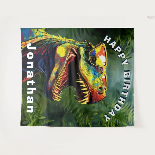 恐竜ジャングル子供の誕生日背景 タペストリー (正面(横))