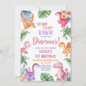 恐竜スタンプ チョンプ ラオール 1歳誕生日 女の子パーティー 招待状 (正面)