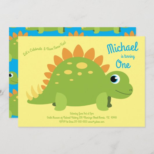 恐竜ステゴサウルスキッズ1st誕生日ディノパーティー 招待状 (正面/裏面)