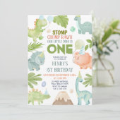 恐竜ストンプチョンプラー男の子ディノ1歳の誕生日 招待状 (スタンド正面)