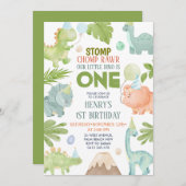 恐竜ストンプチョンプラー男の子ディノ1歳の誕生日 招待状 (正面/裏面)