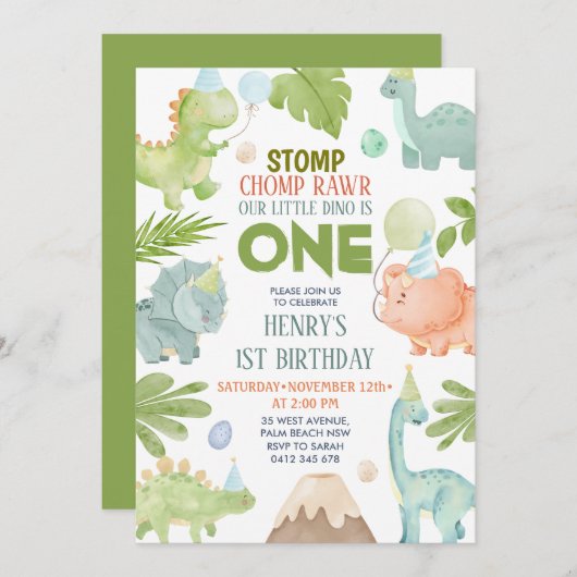 恐竜ストンプチョンプラー男の子ディノ1歳の誕生日 招待状 (正面/裏面)
