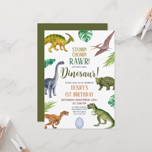 恐竜ストンプチョンプラー第1バースデーボーイパーティー 招待状 (正面/裏面インサイチュ)