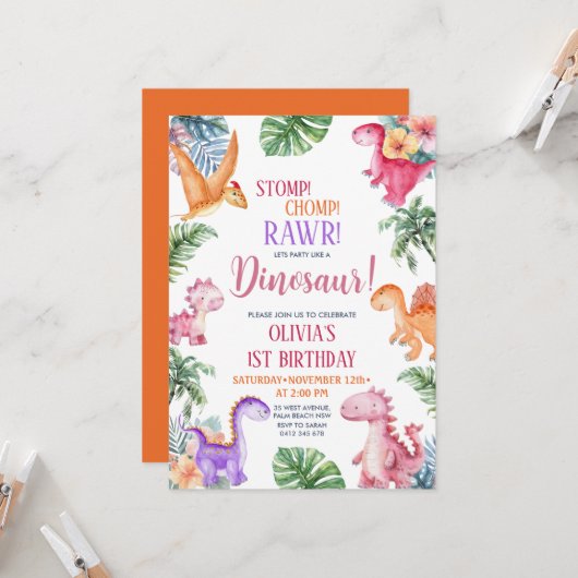 恐竜ストンプチョンプラー第1誕生日ガールパーティー 招待状 (正面/裏面インサイチュ)