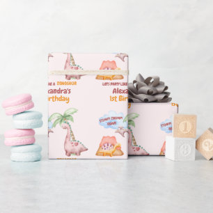 恐竜ストンプチョンプラー第1誕生日パーティー少女 ラッピングペーパー