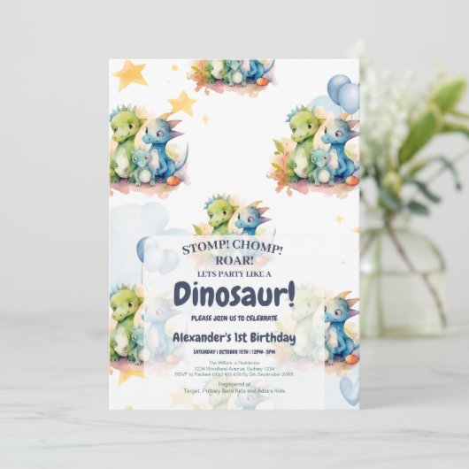 恐竜ストンプチョンプラー第1誕生日パーティー少年 招待状 (スタンド正面)