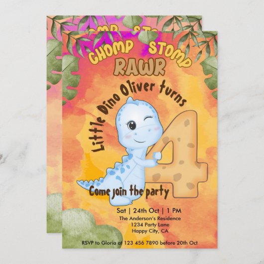 恐竜ストンプチョンプラー4歳の誕生日パーティー 招待状 (正面/裏面)