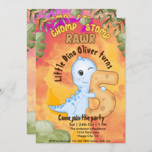 恐竜ストンプチョンプRawr 5th誕生日パーティー 招待状 (正面/裏面)