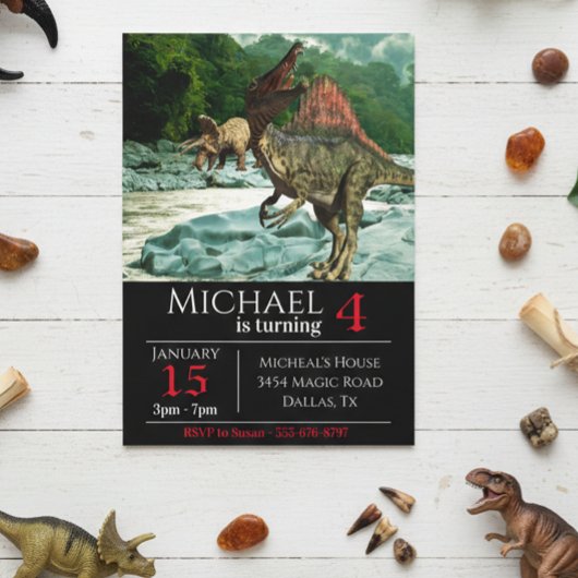 恐竜スピノサウルスの風景の誕生日パーティー 招待状