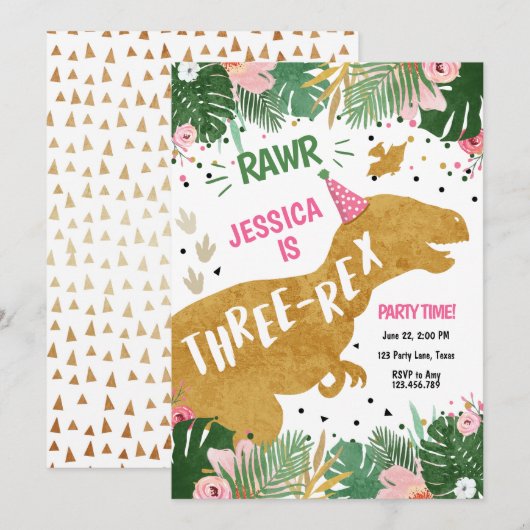 恐竜スリーレックスディノガールピンク金ゴールド誕生日 招待状 (正面/裏面)