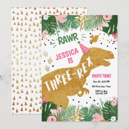 恐竜スリーレックスディノガールピンク金ゴールド誕生日 招待状