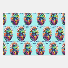 恐竜タフ子供の追加の名前3誕生日 ラッピングペーパーシート