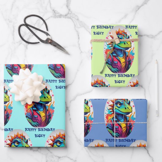 恐竜タフ子供の追加の名前3誕生日 ラッピングペーパーシート (正面)