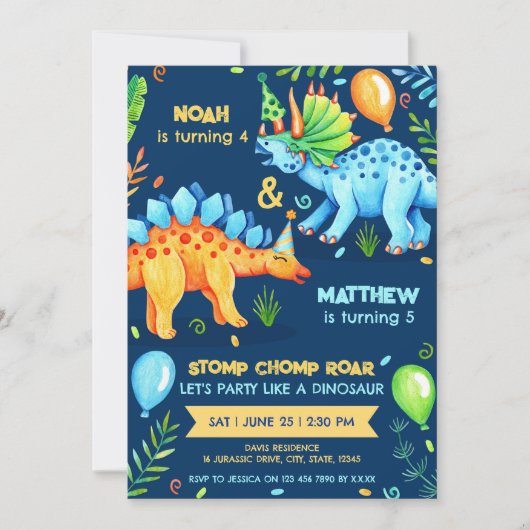 恐竜ダブルお祝いボーイズ誕生日写真 招待状 (正面)
