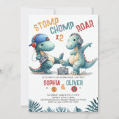 恐竜ダンスおもしろいパーティー共同兄弟姉妹誕生日 招待状 (正面)