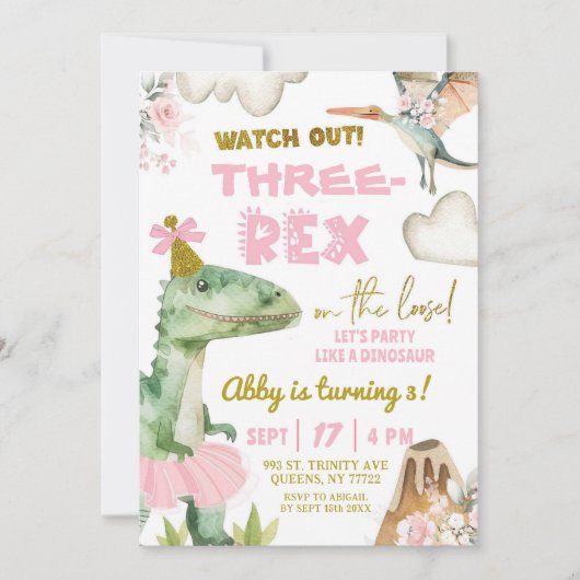 恐竜ツツThreeRex女の子3rd誕生日パーティー 招待状 (正面)