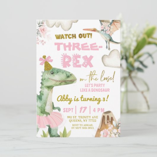 恐竜ツツThreeRex女の子3rd誕生日パーティー 招待状 (スタンド正面)