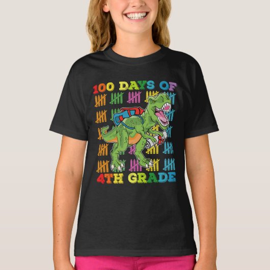 恐竜ティラノサウルス 小学4年生 100日目の記念 Tシャツ (正面)