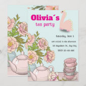 恐竜ティーパーティー誕生日招待状（女の子向け） 招待状 (正面/裏面)