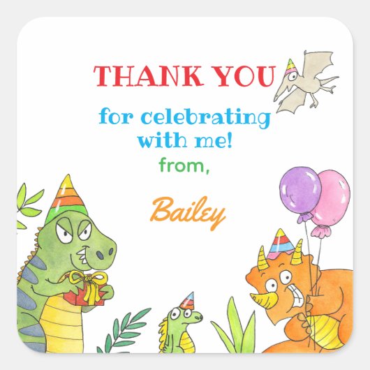 恐竜テーマの子供の誕生日お礼 スクエアシール (正面)